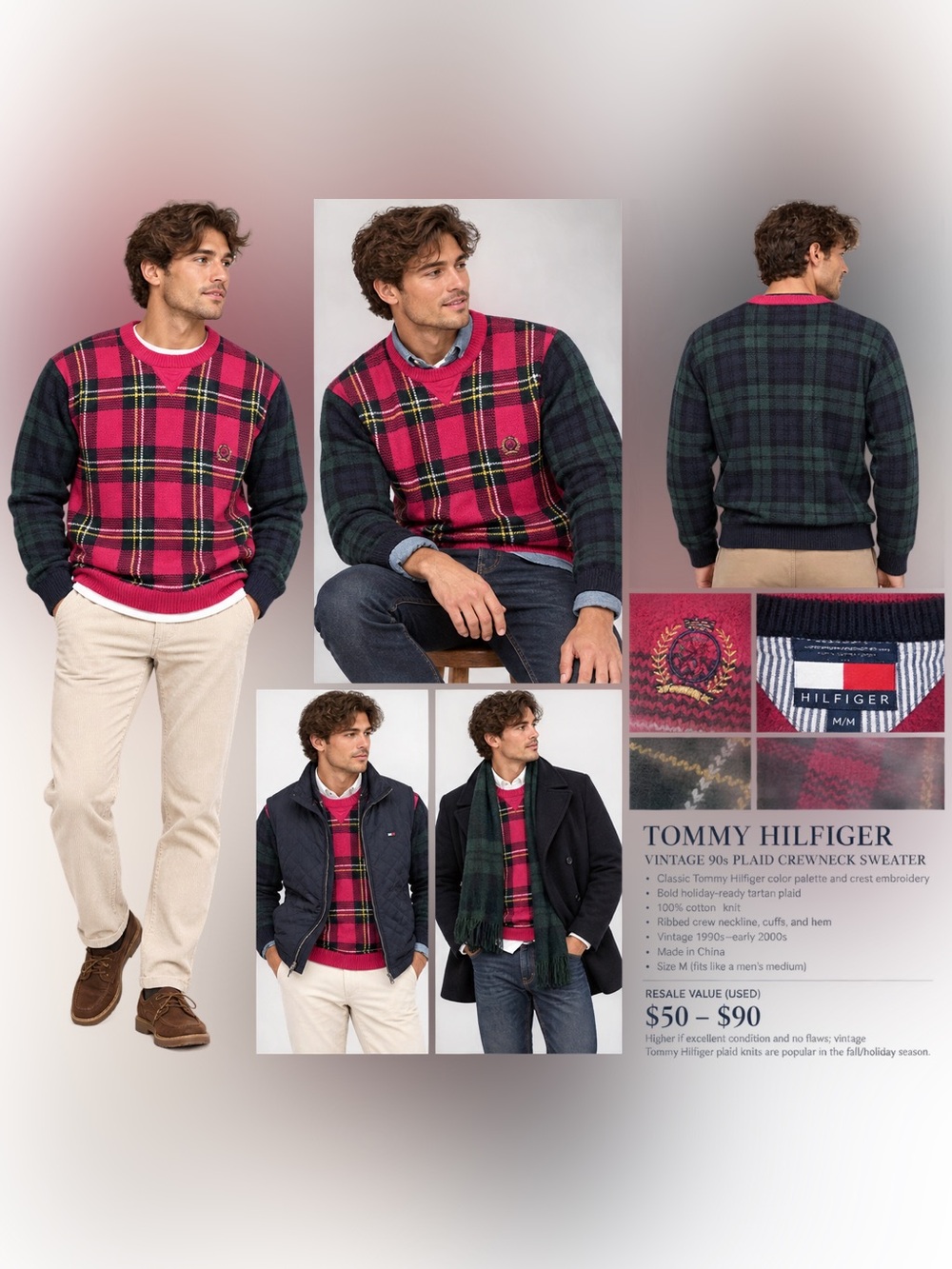 Vintage 90s Tommy Hilfiger 100% cotton plaid sweater